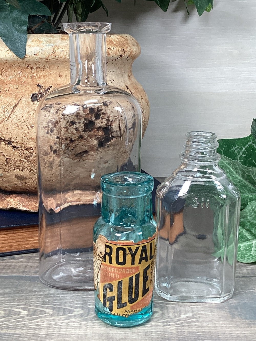 Vintage Antique Clear Glass Apothecary Medicine Bottles & Blue Royal Glue Bottle